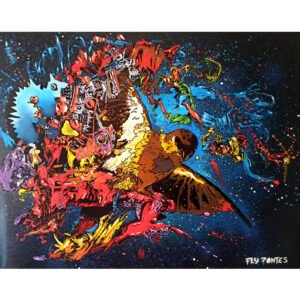 Obra original 'Pássaro com Fundo Abstracto' de Fly Pontes. Técnica mista sobre cartolina (40x50cm) que funde natureza e mecânica num cenário cósmico. Disponível para venda.