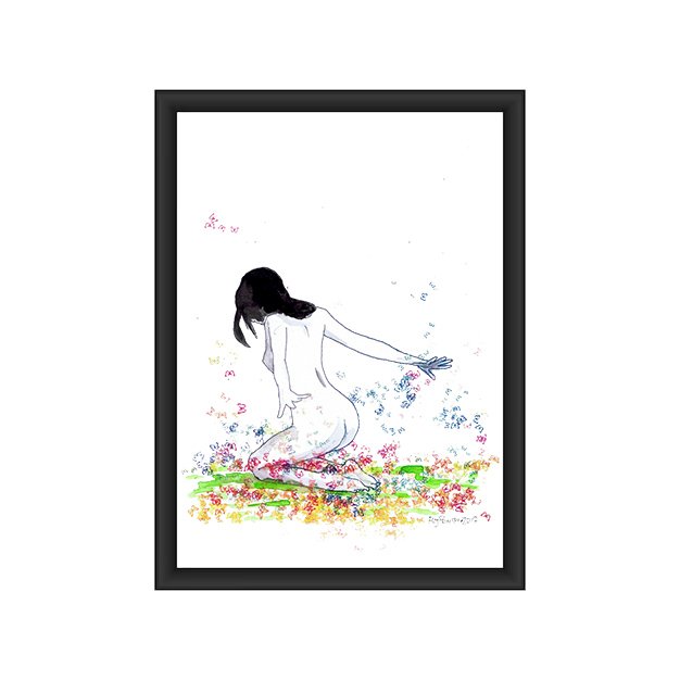 Ilustração a tinta da china e aguarela (300g) que retrata um nu feminino de joelhos, com os braços esticados para trás. As borboletas (violeta/rosa/azul) esvoaçam seguindo o movimento, simbolizando a metamorfose e a libertação.