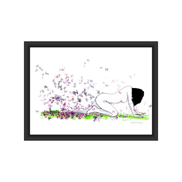 Ilustração a tinta da china e aguarela (300g) que retrata um nu feminino em pose de gatas, a caminhar. A figura parece emergir de uma nuvem densa de borboletas (violeta/rosa/azul), simbolizando o despertar ou a metamorfose em movimento.