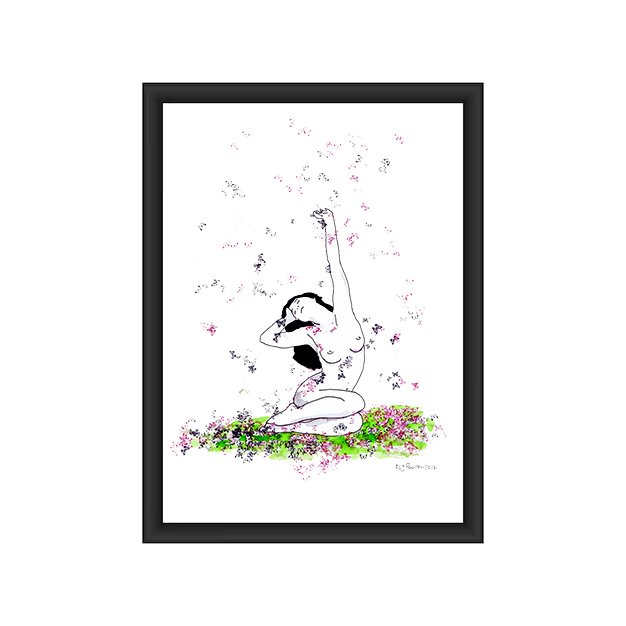 Ilustração a tinta da china e aguarela (300g) que retrata um nu feminino sentado, em pose reflexiva (cabeça apoiada). O movimento do braço esticado para o alto lança borboletas (violeta/rosa/azul), simbolizando o pensamento libertador e a metamorfose.