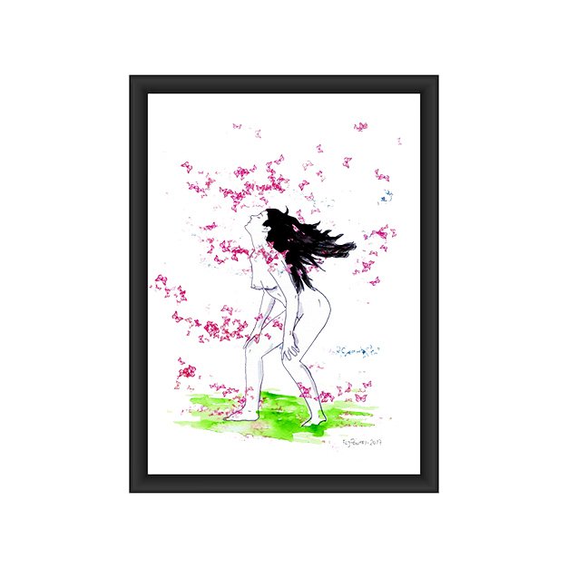 Ilustração a tinta da china e aguarela (300g) que retrata um nu feminino apoiado nas pernas, com o longo cabelo a esvoaçar. As borboletas (violeta/rosa/azul) parecem sair do cabelo, simbolizando a libertação da mente e a metamorfose.