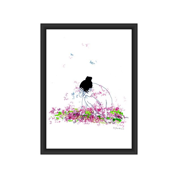 Ilustração a tinta da china e aguarela (300g) que retrata um nu feminino de cócoras, com a mão apoiada na testa. A pose sugere reflexão profunda ou cansaço, enquanto as borboletas (violeta/rosa/azul) esvoaçam à sua volta, simbolizando a metamorfose da introspecção.