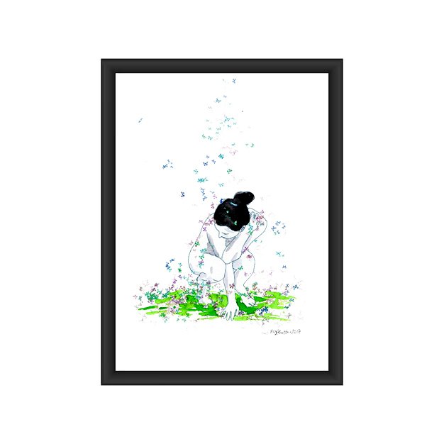 Ilustração a tinta da china e aguarela (300g) que retrata um nu feminino agachado. As borboletas (violeta/rosa/azul) caem-lhe por cima como chuva, simbolizando a imersão total na metamorfose ou a aceitação da fragilidade.