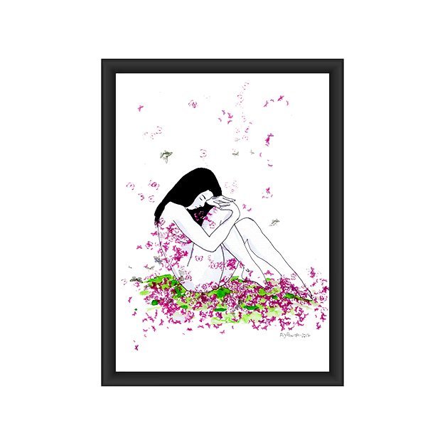 Ilustração a tinta da china e aguarela (300g) que retrata um nu feminino sentado numa pose de apoio complexo. O contraste entre as borboletas no chão e as suspensas (violeta/rosa/azul) sugere a metamorfose em estado de repouso e reflexão.