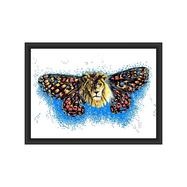 Ilustração A3 da Série "Animais com asas de borboleta", realizada com marcadores Molotow. Apresenta um leão com as asas da Euphydryas aurinia (Borboleta-dos-Pântanos), unindo a realeza da selva à fragilidade da borboleta paleártica. Peça disponível para aquisição na Loja.