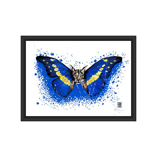 Ilustração A3 da Série "Animais com asas de borboleta", criada com marcadores Molotow. Apresenta um Lince-Ibérico com um olhar de melancolia, fundido com as raras asas azuis metálicas da Morpho helena (Morfo de Helena), nativa da América do Sul. Peça disponível para aquisição na Loja.
