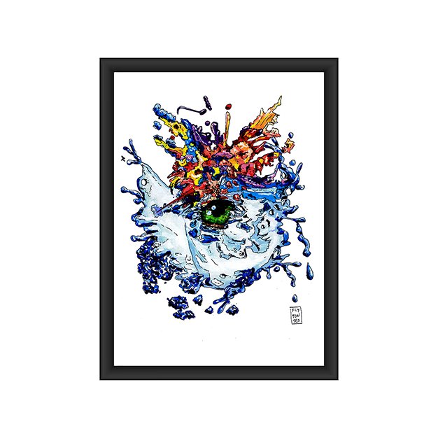 Estudo com Marcadores One4all sobre Papel Canson (A4), focado num olho de tons verdes que emerge de um vibrante campo abstracto. A composição divide-se em azuis (evocando água) na base, e cores quentes e roxos no topo. Peça original disponível para aquisição imediata.