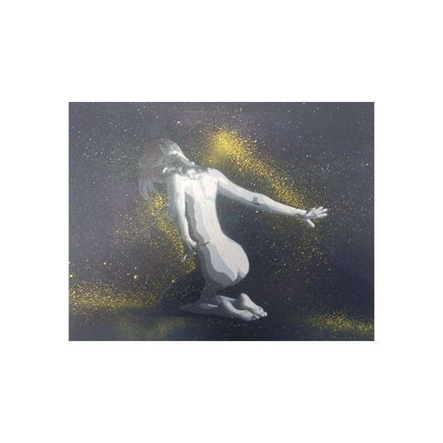 A figura feminina, em pose de joelhos e de costas com os braços esticados para trás. O fundo é preto, com esfumados de luz, de onde emergem jactos e drips de tinta (criados com needle cap) que esvoaçam dinamicamente em torno do corpo, seguindo o alongamento da pose.