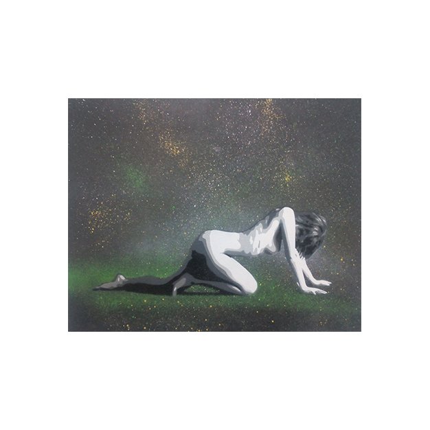 A figura feminina, em pose de gatas e em movimento (a andar), emerge dramaticamente do fundo preto. Jactos e gotas de tinta concentram-se, dando a impressão de que a figura sai de uma nuvem de tinta projectada, com a textura forte e luz esfumada sobre a Tela.