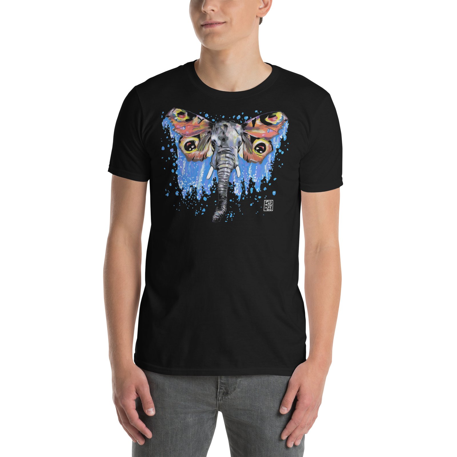 T-Shirt Manga Curta Unisex – Elefante Borboleta (Preta)