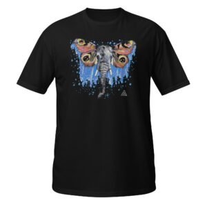 T-shirt preta unisexo com a ilustração 'Elefante-Borboleta' de Fly Pontes. Arte surrealista exclusiva em algodão premium. Produção sustentável e consciente feita para si.