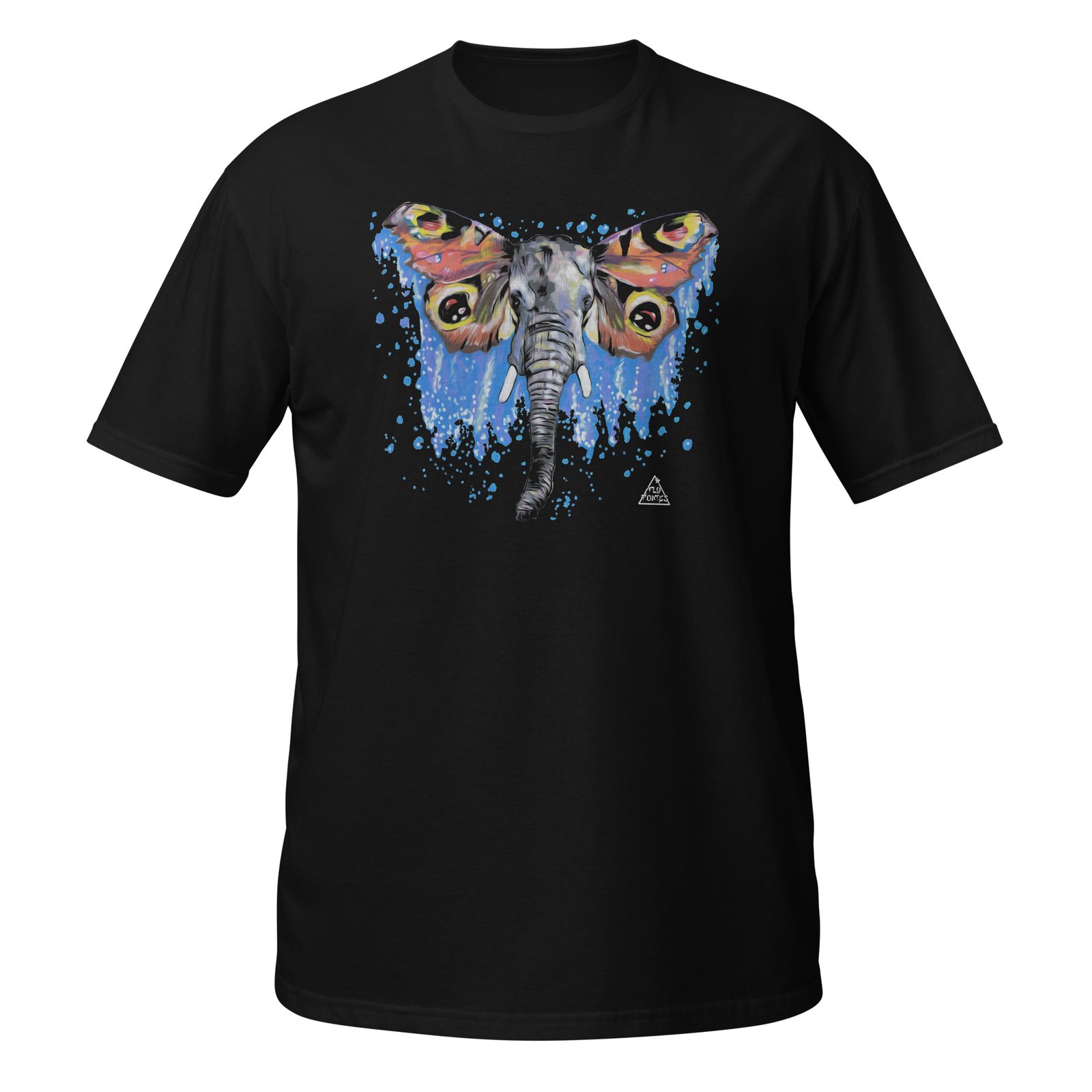 T-shirt preta unisexo com a ilustração 'Elefante-Borboleta' de Fly Pontes. Arte surrealista exclusiva em algodão premium. Produção sustentável e consciente feita para si.