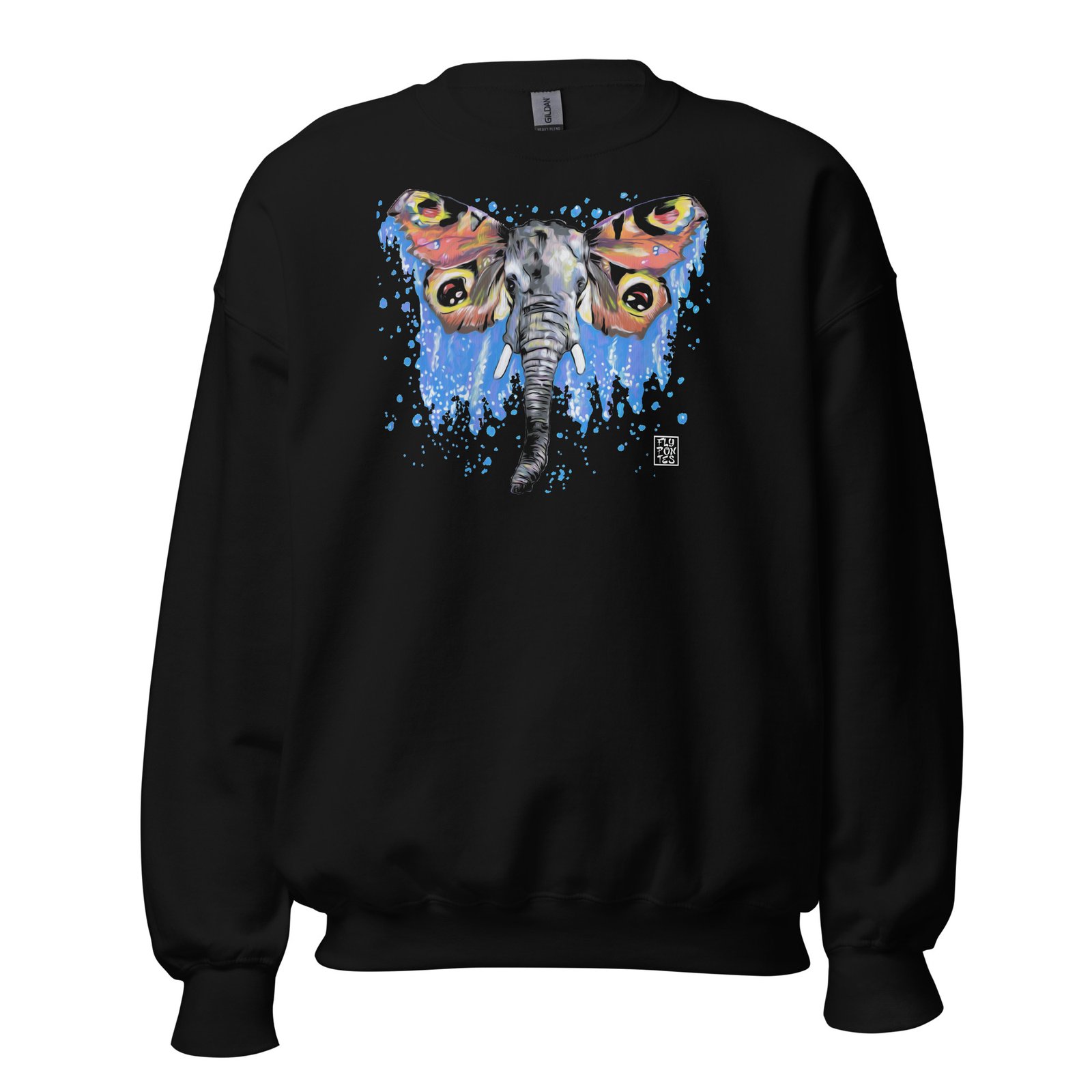 Sweatshirt preta de gola redonda 'Elefante-Borboleta' de Fly Pontes. Design surrealista com impressão digital DTG premium. Arte exclusiva, conforto e produção sustentável.