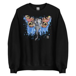 Sweatshirt preta de gola redonda 'Elefante-Borboleta' de Fly Pontes. Design surrealista com impressão digital DTG premium. Arte exclusiva, conforto e produção sustentável.