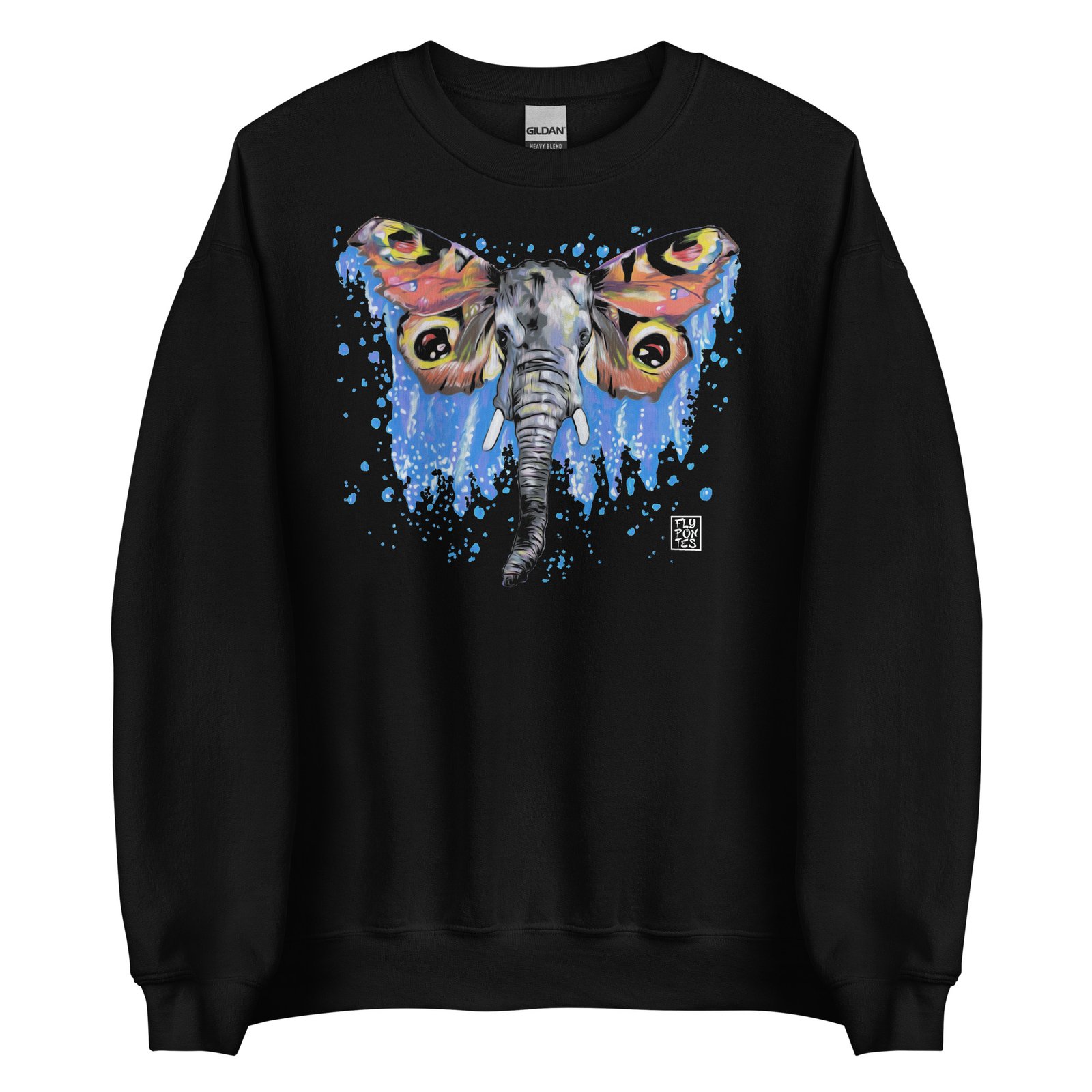 Sweatshirt preta de gola redonda 'Elefante-Borboleta' de Fly Pontes. Design surrealista com impressão digital DTG premium. Arte exclusiva, conforto e produção sustentável.