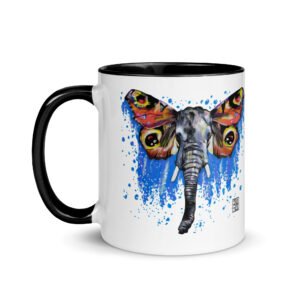 Caneca de cerâmica branca com interior e asa coloridos, apresentando a ilustração Elefante-Borboleta de Fly Pontes.