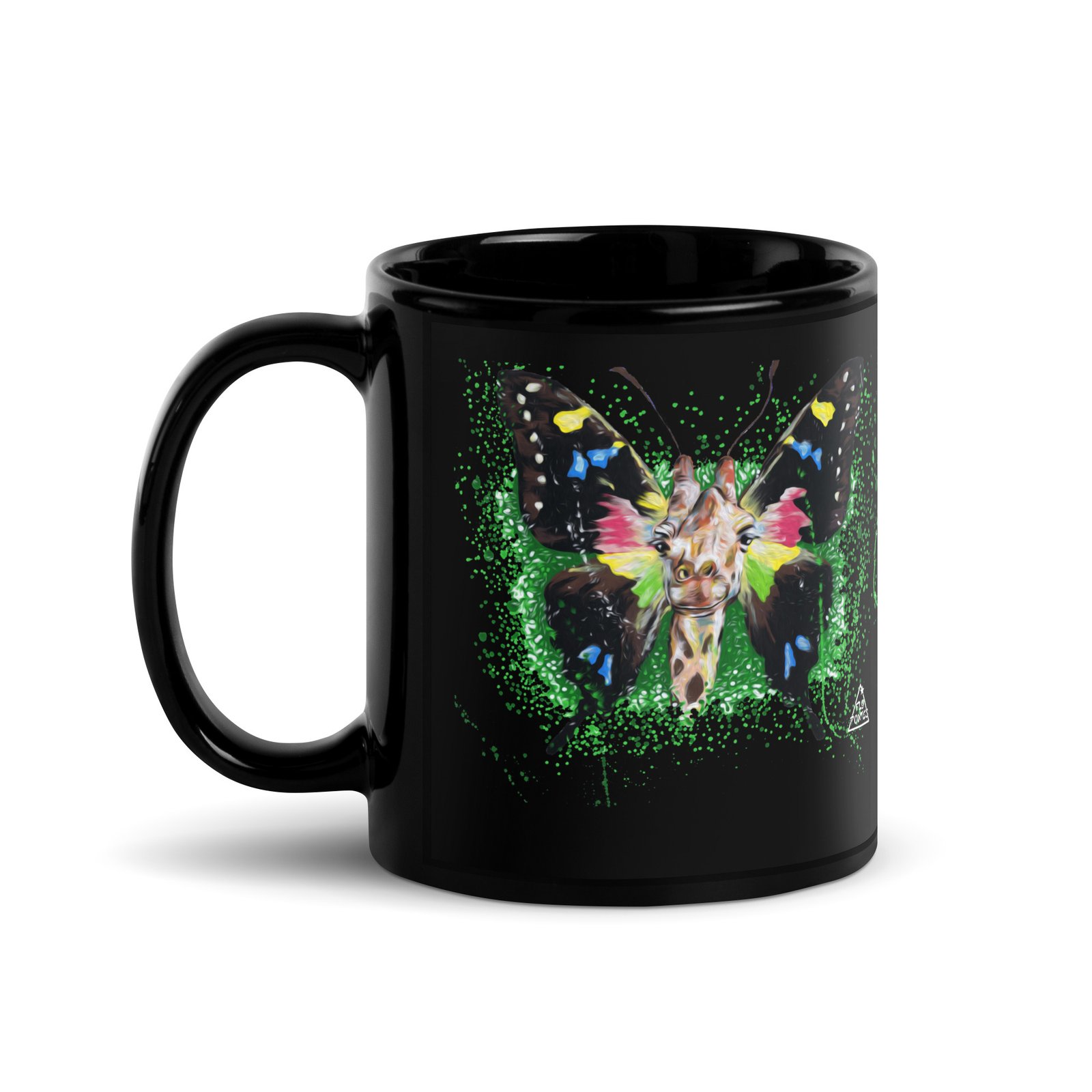 Caneca preta brilhante com a ilustração 'Girafa-Borboleta' de Fly Pontes. Design surrealista de alto contraste. Cerâmica premium, resistente e sofisticada para coleccionadores de arte.