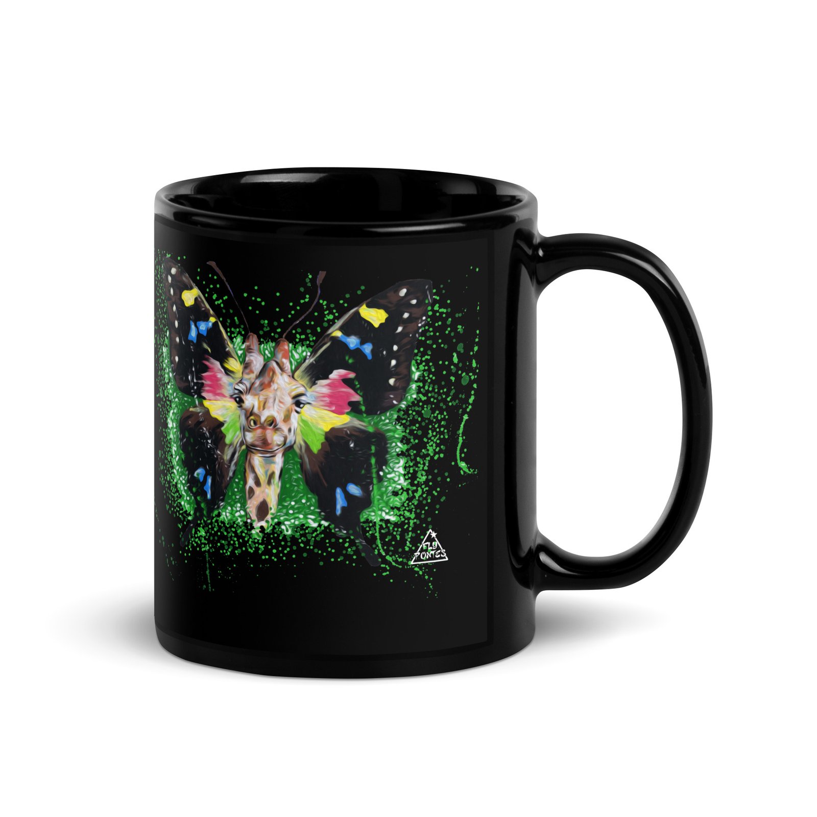 Caneca preta brilhante com a ilustração 'Girafa-Borboleta' de Fly Pontes. Design surrealista de alto contraste. Cerâmica premium, resistente e sofisticada para coleccionadores de arte.