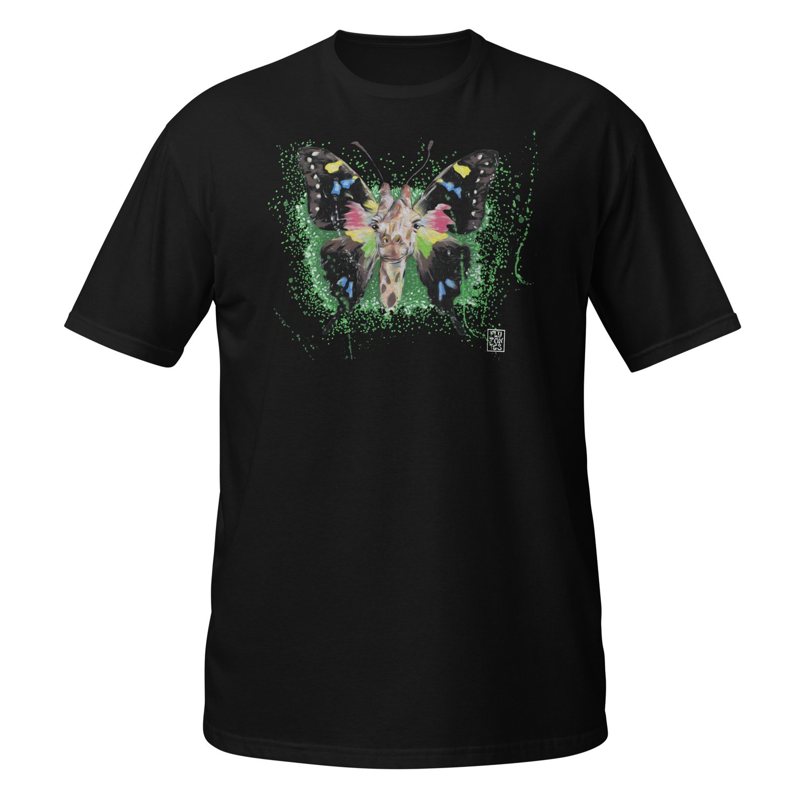 Vista arte exclusiva com a T-shirt Girafa-Borboleta de Fly Pontes. Design surrealista inspirado na ilustração original, em algodão premium unisexo. Estilo único e criativo.