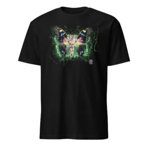 Vista arte exclusiva com a T-shirt Girafa-Borboleta de Fly Pontes. Design surrealista inspirado na ilustração original, em algodão premium unisexo. Estilo único e criativo.