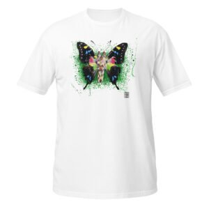 Vista arte exclusiva com a T-shirt Girafa-Borboleta de Fly Pontes. Design surrealista inspirado na ilustração original, em algodão premium unisexo. Estilo único e criativo.