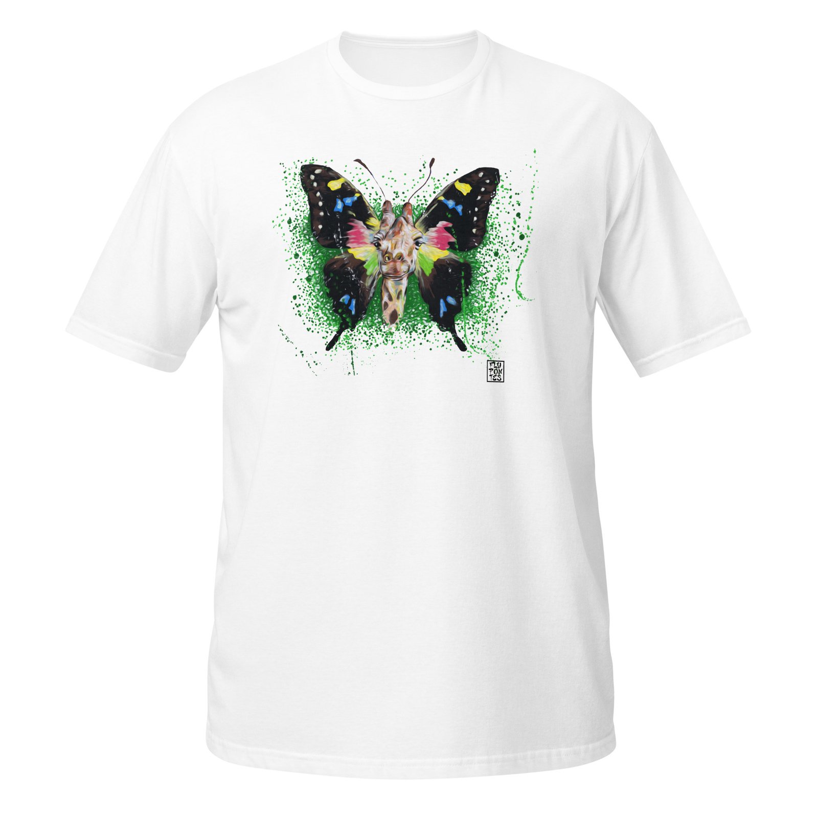 Vista arte exclusiva com a T-shirt Girafa-Borboleta de Fly Pontes. Design surrealista inspirado na ilustração original, em algodão premium unisexo. Estilo único e criativo.