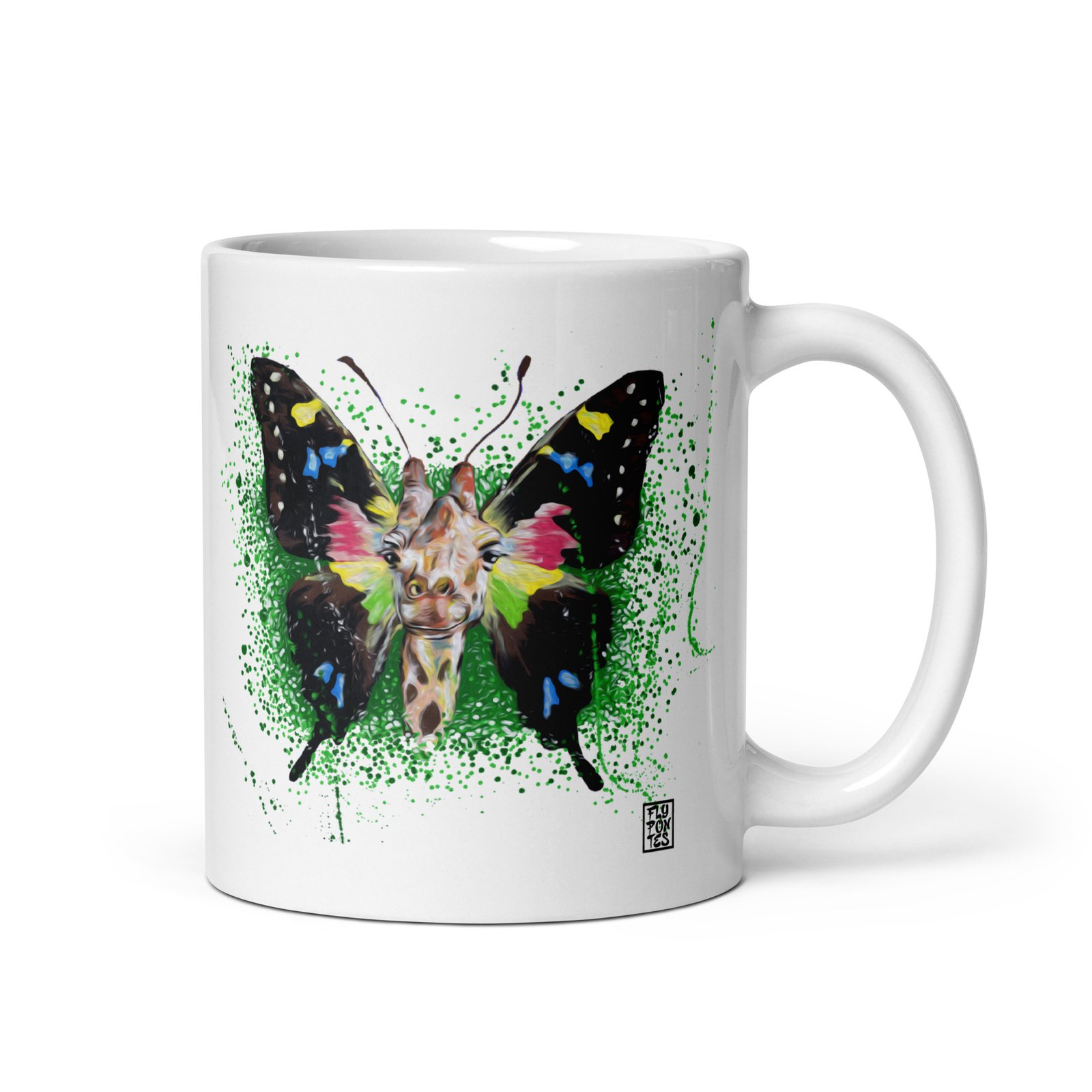 Caneca branca brilhante com a ilustração 'Girafa-Borboleta' de Fly Pontes. Um design surrealista exclusivo para o seu café ou chá. Arte de autor com produção sustentável.