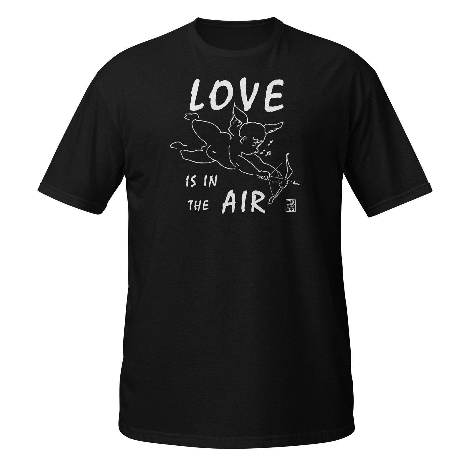 T-shirt preta 'Love Is In The Air' de Fly Pontes. Design minimalista de um cupido em tinta da china, criado nos anos 90. Arte retro e exclusiva em algodão premium.