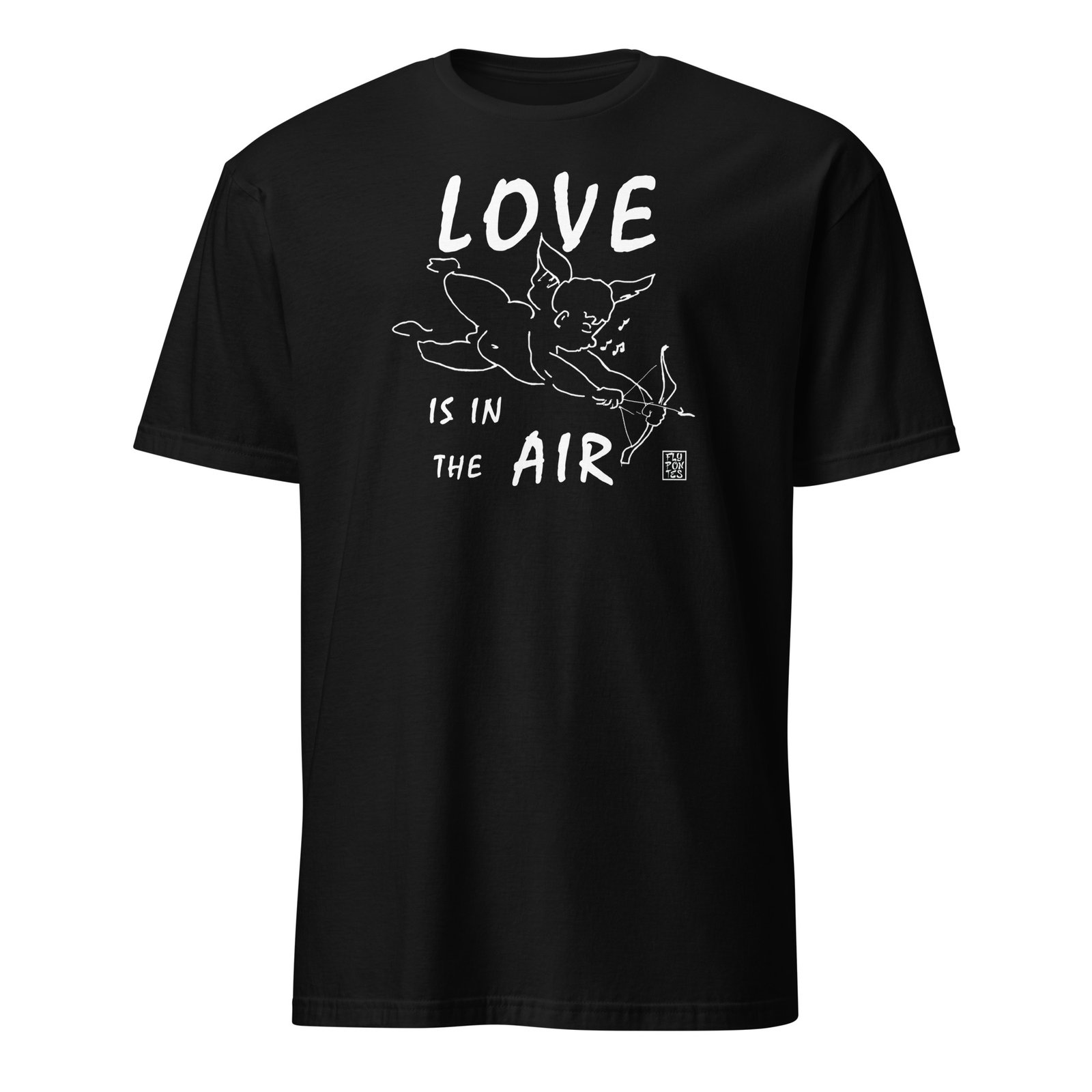 T-shirt preta 'Love Is In The Air' de Fly Pontes. Design minimalista de um cupido em tinta da china, criado nos anos 90. Arte retro e exclusiva em algodão premium.