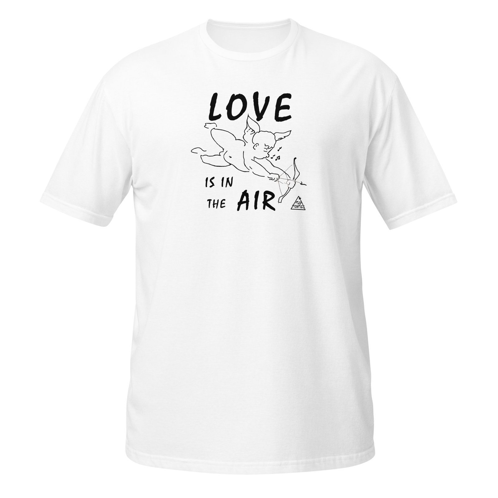 T-shirt branca 'Love Is In The Air' de Fly Pontes. Design minimalista de um cupido em tinta da china, criado nos anos 90. Arte retro e exclusiva em algodão premium.