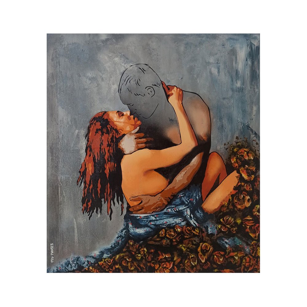 Obra em tela (90x80cm) que simboliza a transferência de vida pelo toque. A mulher tem cor e o homem é transparente (apenas com cor onde é tocado), sobre um fundo cinzento texturizado. Técnica mista: Stencil e Spray.