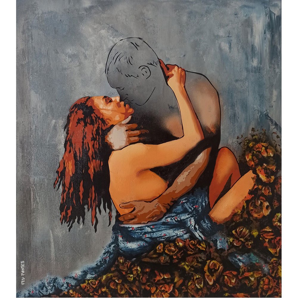 Obra em tela (90x80cm) que simboliza a transferência de vida pelo toque. A mulher tem cor e o homem é transparente (apenas com cor onde é tocado), sobre um fundo cinzento texturizado. Técnica mista: Stencil e Spray.