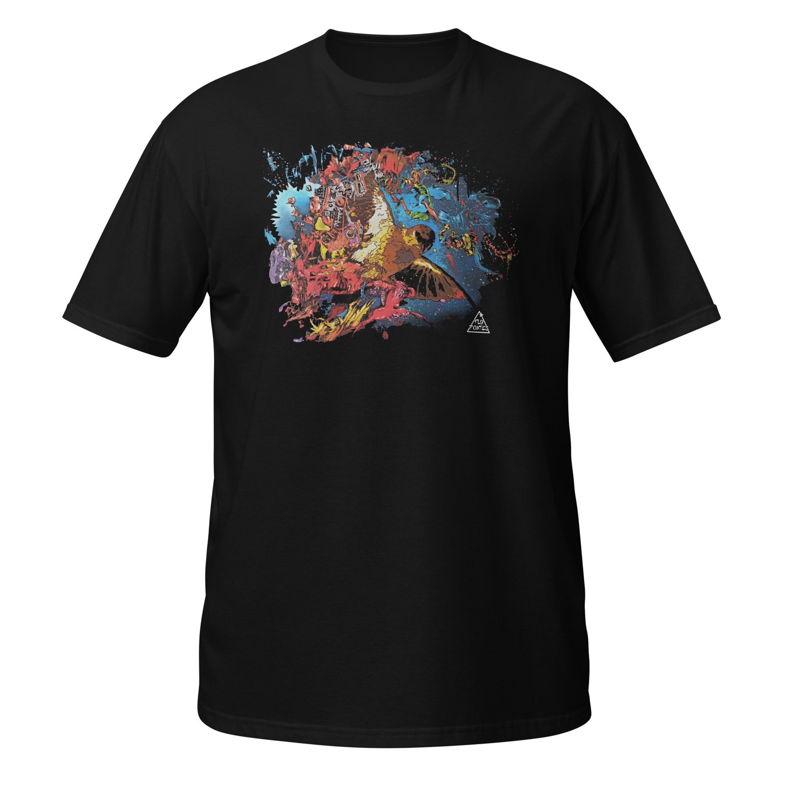 T-shirt preta 'Pássaro no Espaço' de Fly Pontes. Ilustração surrealista com fundo abstrato em algodão premium. Design de autor com produção sustentável e exclusiva.