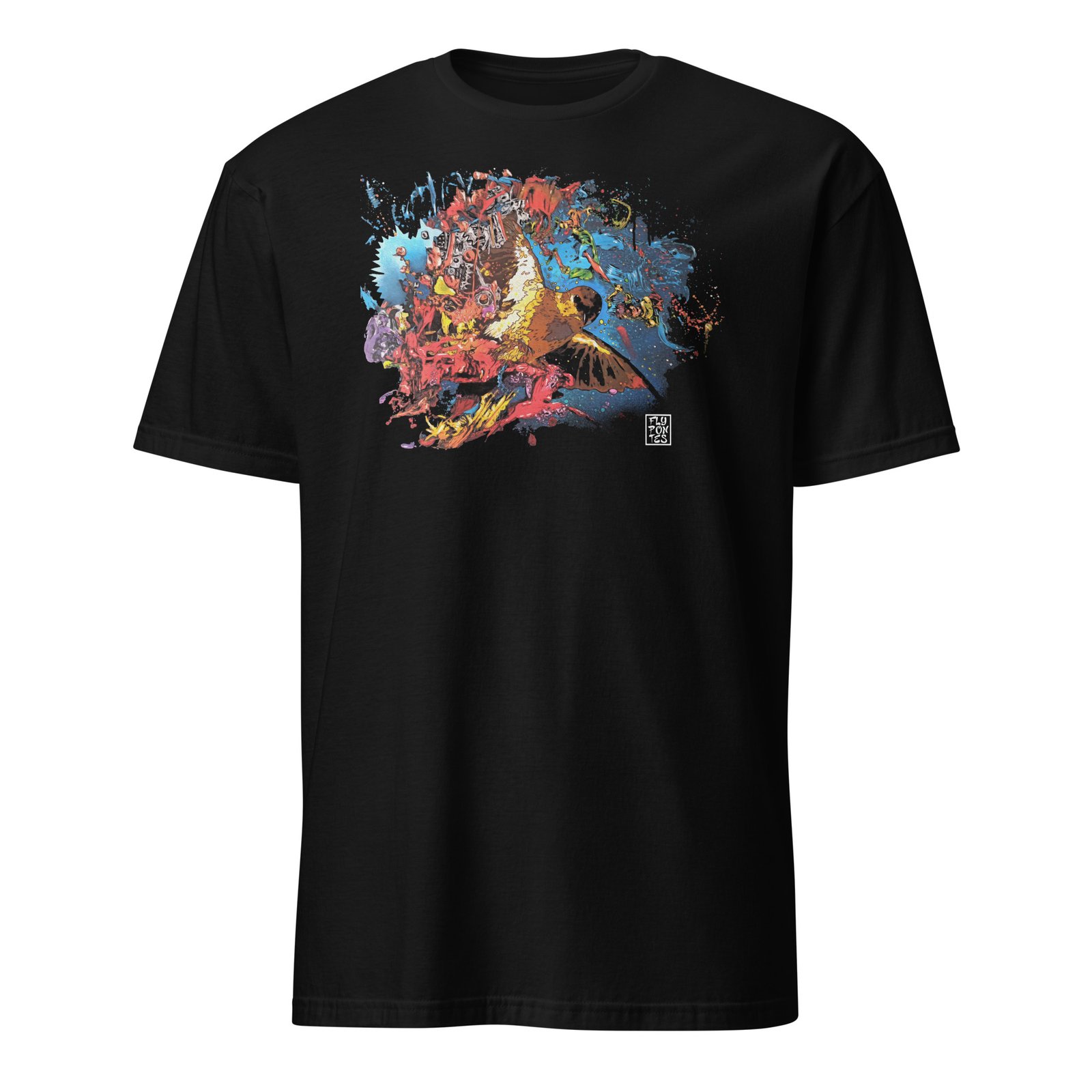 T-shirt preta 'Pássaro no Espaço' de Fly Pontes. Ilustração surrealista com fundo abstrato em algodão premium. Design de autor com produção sustentável e exclusiva.