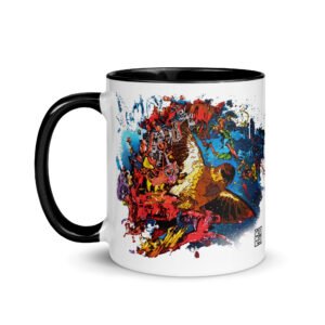 Caneca com interior colorido 'Pássaro no Espaço' de Fly Pontes. Design surrealista exclusivo que une a natureza ao cosmos. Cerâmica premium com produção sustentável.