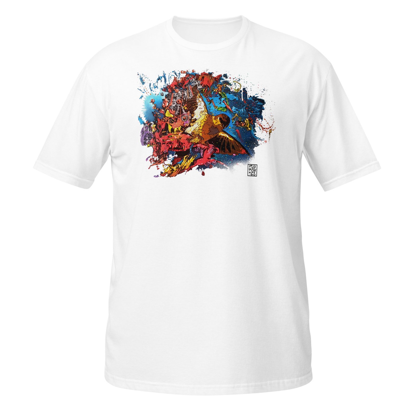 T-shirt branca 'Pássaro no Espaço' de Fly Pontes. Ilustração surrealista com fundo abstracto em algodão premium. Design de autor com produção sustentável e exclusiva.