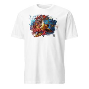 T-shirt branca 'Pássaro no Espaço' de Fly Pontes. Ilustração surrealista com fundo abstracto em algodão premium. Design de autor com produção sustentável e exclusiva.