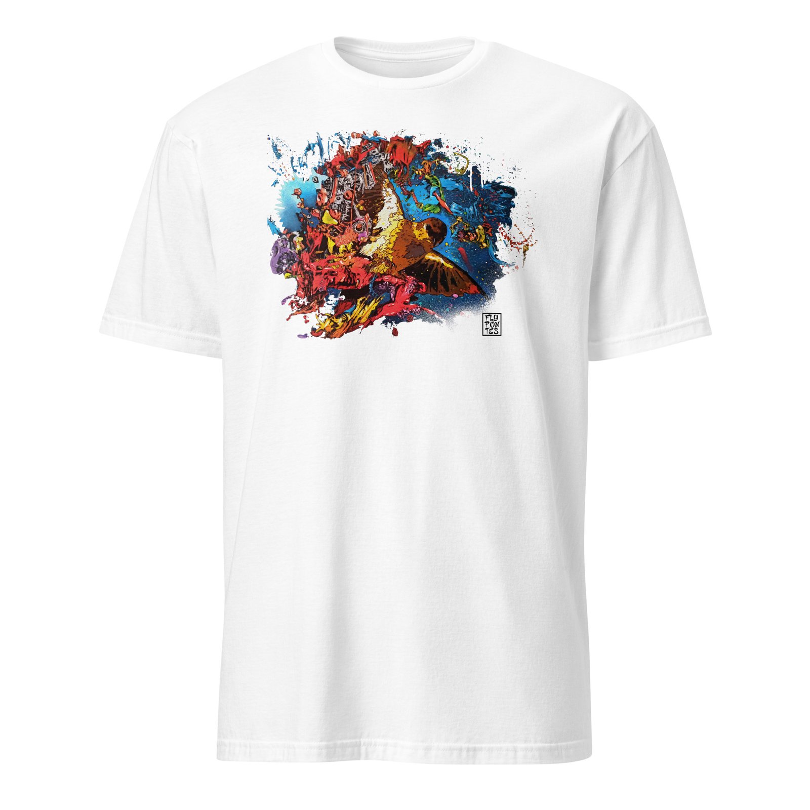 T-shirt branca 'Pássaro no Espaço' de Fly Pontes. Ilustração surrealista com fundo abstracto em algodão premium. Design de autor com produção sustentável e exclusiva.