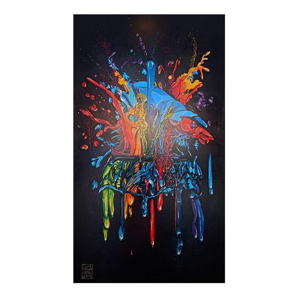 Esta tela abstracta de 160cm x 90cm explora a dinâmica da cor e do movimento. Utilizei Marcadores One4all e Spray para simular uma explosão de tinta onde as cores (azuis, vermelhos, laranjas, e toda a gama) se elevam na parte superior e escorrem na parte inferior. Uma celebração da energia e do dinamismo.