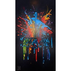 Esta tela abstracta de 160cm x 90cm explora a dinâmica da cor e do movimento. Utilizei Marcadores One4all e Spray para simular uma explosão de tinta onde as cores (azuis, vermelhos, laranjas, e toda a gama) se elevam na parte superior e escorrem na parte inferior. Uma celebração da energia e do dinamismo.