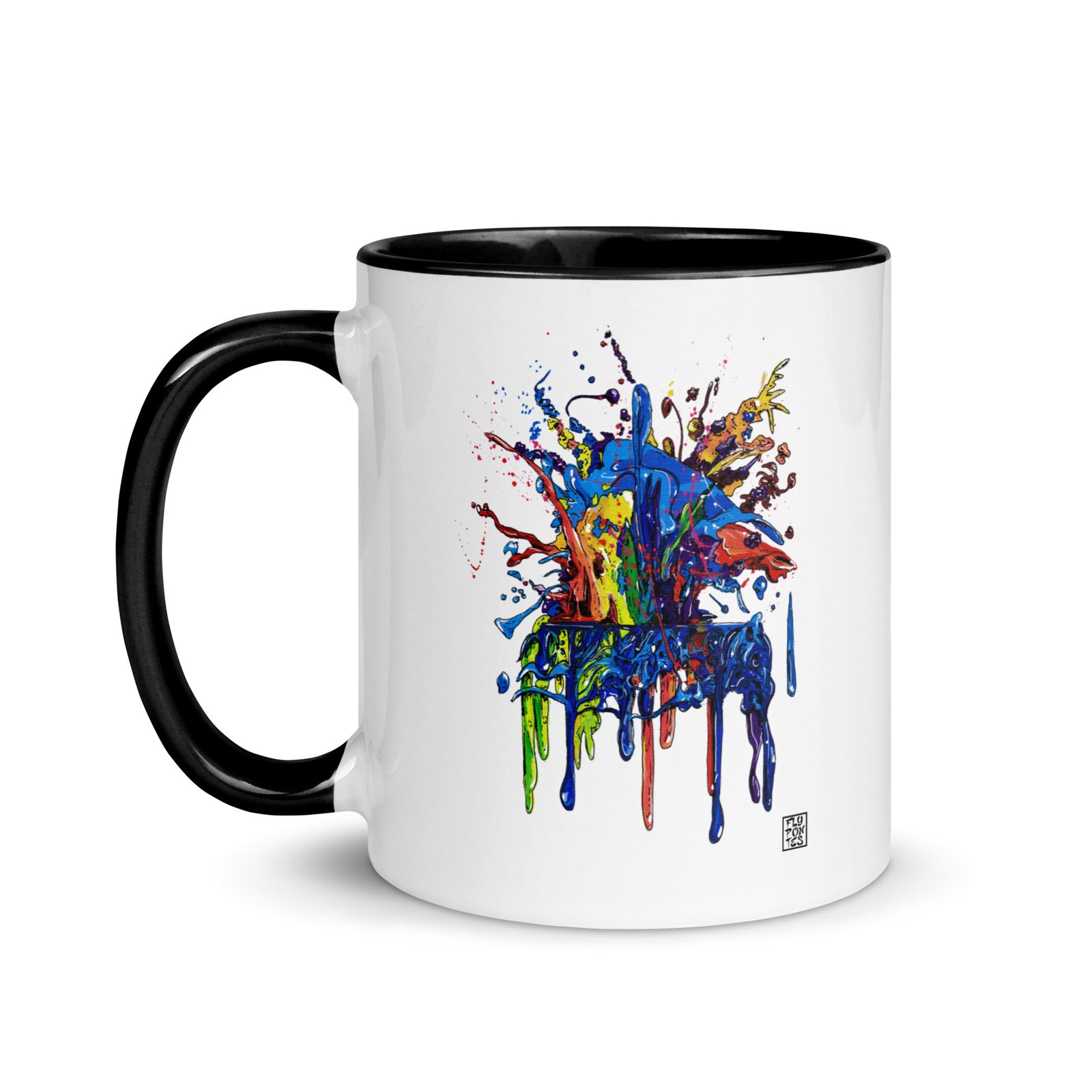 Caneca com interior colorido 'Splash' de Fly Pontes. Design inspirado na tela original em spray e marcadores. Arte urbana vibrante para o seu dia a dia. Edição exclusiva.