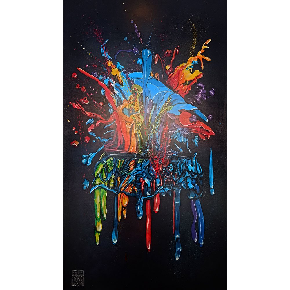Esta tela abstracta de 160cm x 90cm explora a dinâmica da cor e do movimento. Utilizei Marcadores One4all e Spray para simular uma explosão de tinta onde as cores (azuis, vermelhos, laranjas, e toda a gama) se elevam na parte superior e escorrem na parte inferior. Uma celebração da energia e do dinamismo.