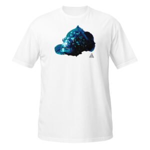 T-shirt branca com a ilustração do Mero, extraída do mural Pedra do Valado de Fly Pontes. Arte urbana exclusiva e produção sustentável.