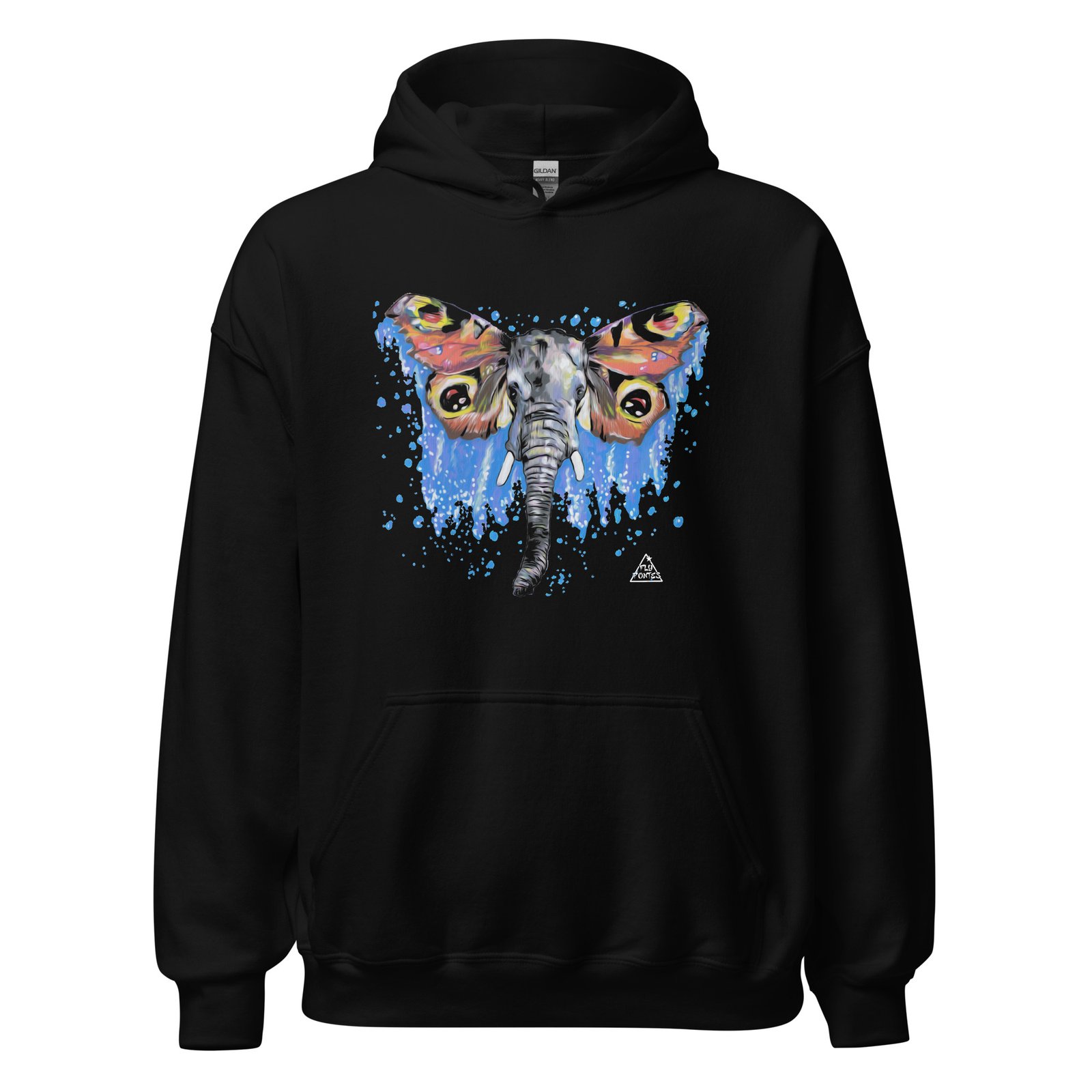 Hoodie preto 'Elefante Borboleta' de Fly Pontes. Design surrealista que une a liberdade do voo à imensidão do cosmos. Conforto premium com impressão DTG de alta definição.