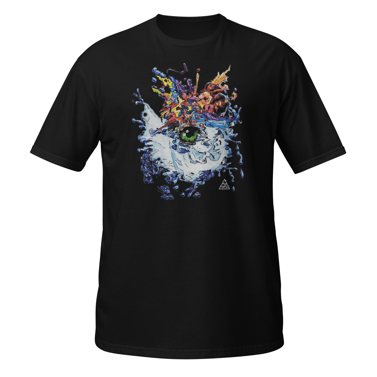 T-shirt preta com a ilustração d'O Olho, extraída do estudo de cor em marcadores de Fly Pontes. Arte contemporânea exclusiva e produção sustentável.
