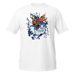 T-shirt branca com a ilustração d'O Olho, extraída do estudo de cor em marcadores de Fly Pontes. Arte contemporânea exclusiva e produção sustentável.