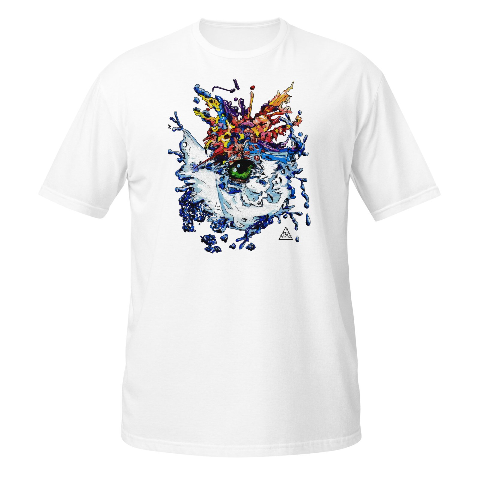 T-shirt branca com a ilustração d'O Olho, extraída do estudo de cor em marcadores de Fly Pontes. Arte contemporânea exclusiva e produção sustentável.