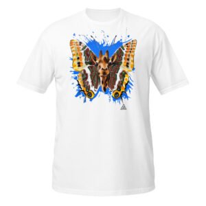 T-shirt unisexo com o design do mural "Girafa-Borboleta-do-Medronheiro", uma reprodução fiel da pintura realista com spray e trincha realizada em Messines por Fly Pontes.